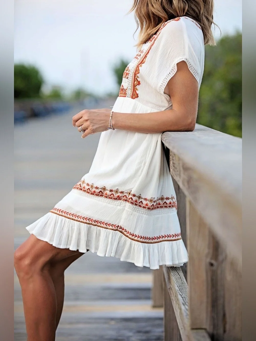 Free People Sunrise Wanderer Mini Dress Large Multi Embroidery Ruffle Crinkle